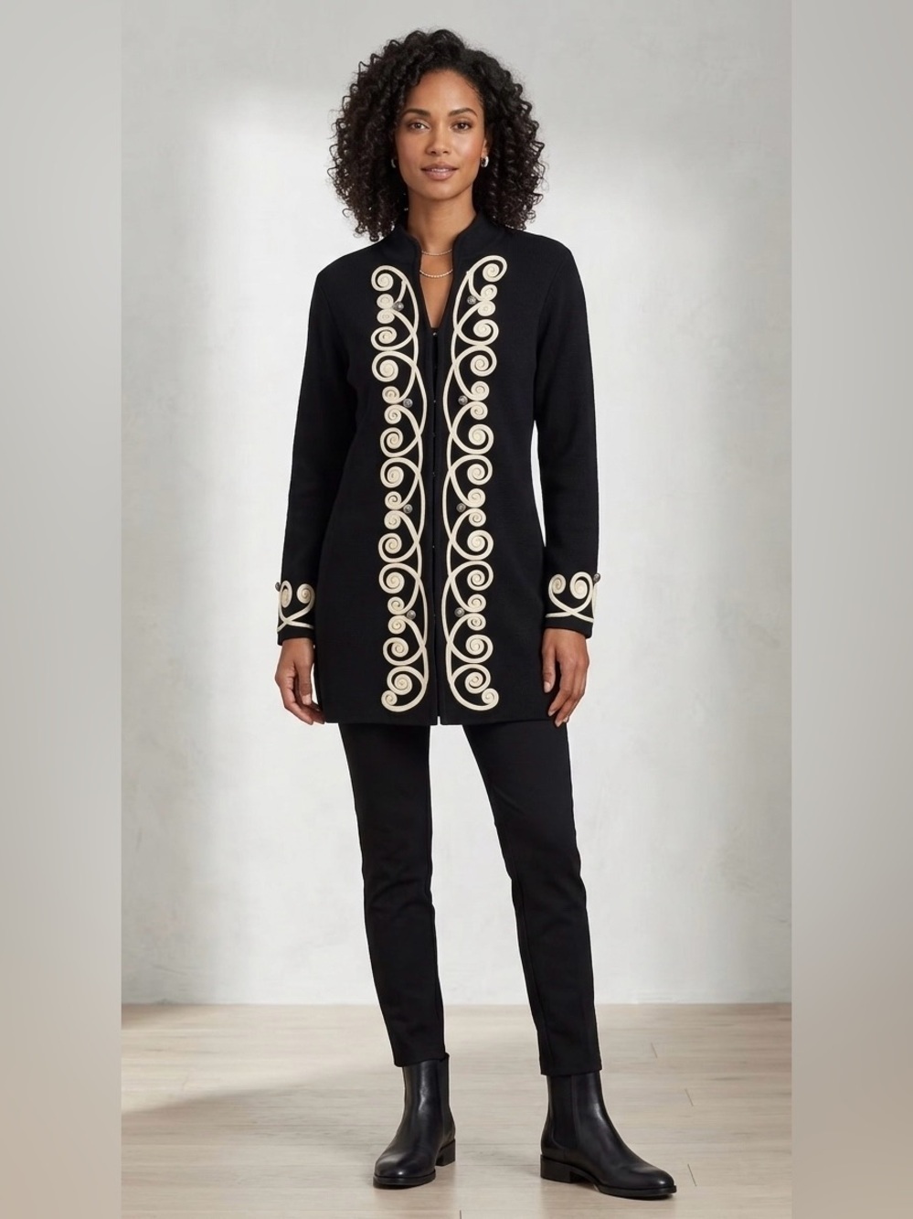 Lauren Michelle Vintage Black Cardigan Duster with cream Scroll Embroidery M